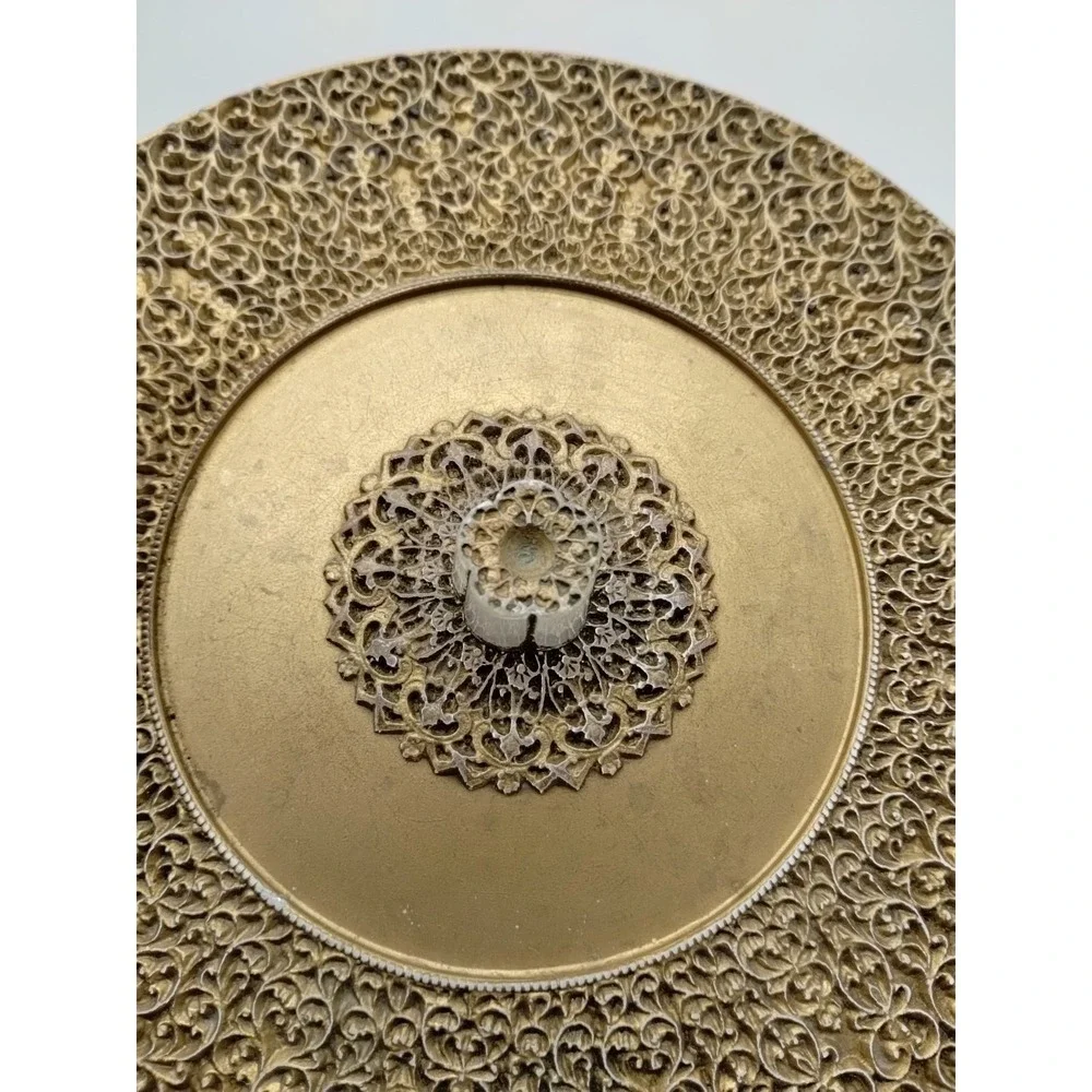 Elegant Gold Plastic Vintage Vanity Box 8.25 Diameter Dresser Sewing Hollywood
